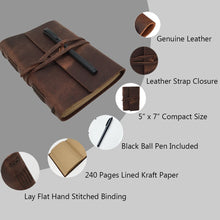 Load image into Gallery viewer, Leather Journal Writing Notebook - Genuine Leather Bound Daily Notepad for Men &amp; Women Lined Paper 240 Kraft Pages, Handmade, Rustic Brown, 5 x 7 in
