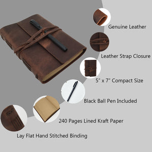 Leather Journal Writing Notebook - Genuine Leather Bound Daily Notepad for Men & Women Lined Paper 240 Kraft Pages, Handmade, Rustic Brown, 5 x 7 in